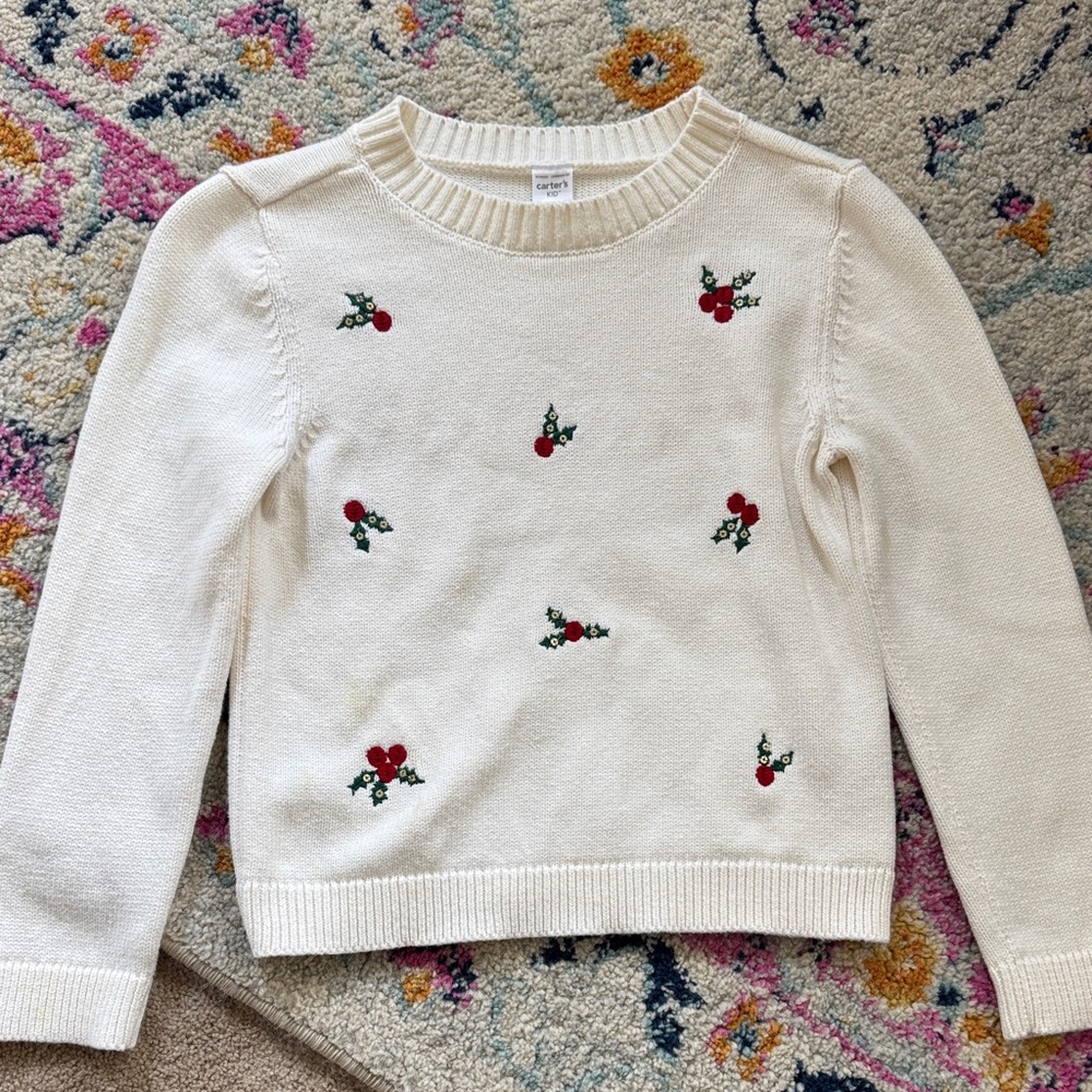 Carter's Cream Sweater with Red Floral Embroidery